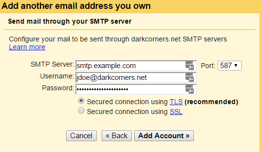 Gmail Mail Fetcher:  Specify Nexcess SMTP Server Settings