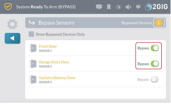 Image of Bypass Sensors screen. Sensor names on the left. Bypass toggle switch on the right.