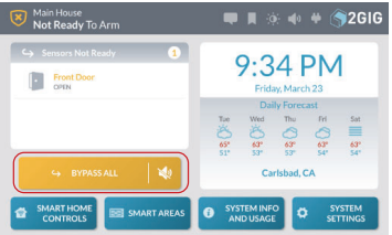Image of home screen with a door sensor showing open. "Bypass all" button circled in lower-left quadrant.