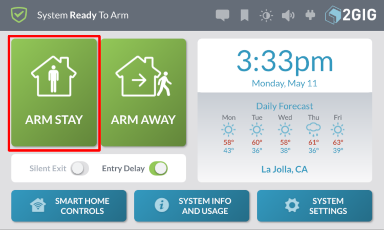 Image of home screen with "Arm Stay" highlighted in red