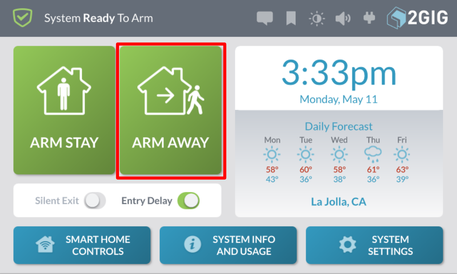 Image of home screen with "Arm Away" highlighted in red.