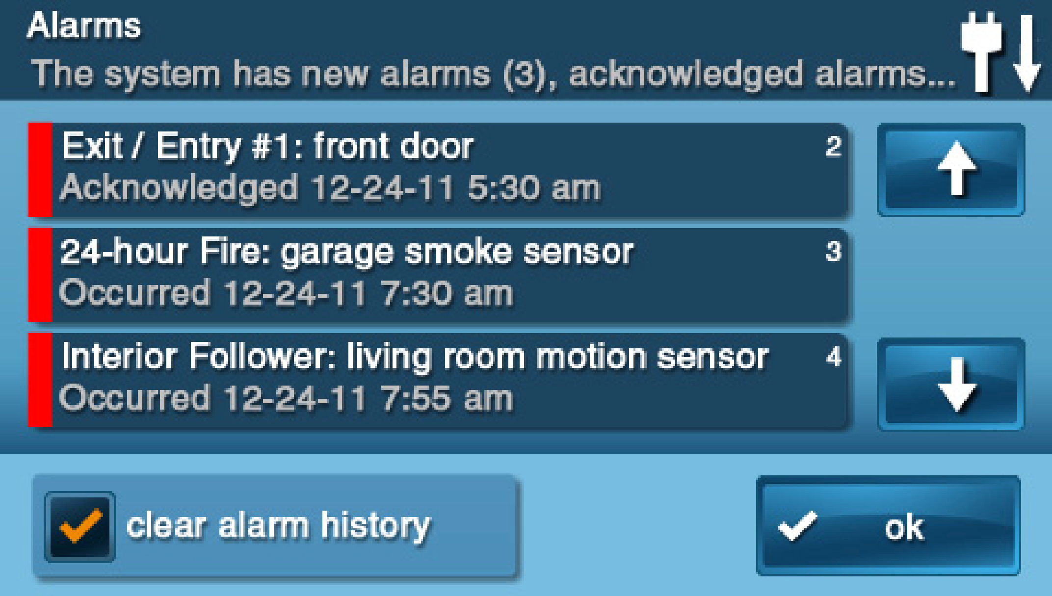 Alarm history log