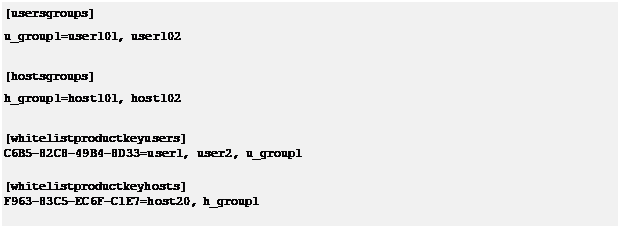 Text Box: [usersgroups] u_group1=user101, user102[hostsgroups] h_group1=host101, host102[whitelistproductkeyusers]C6B5-82C8-49B4-8D33=user1, user2, u_group1[whitelistproductkeyhosts]F963-83C5-EC6F-C1E7=host20, h_group1