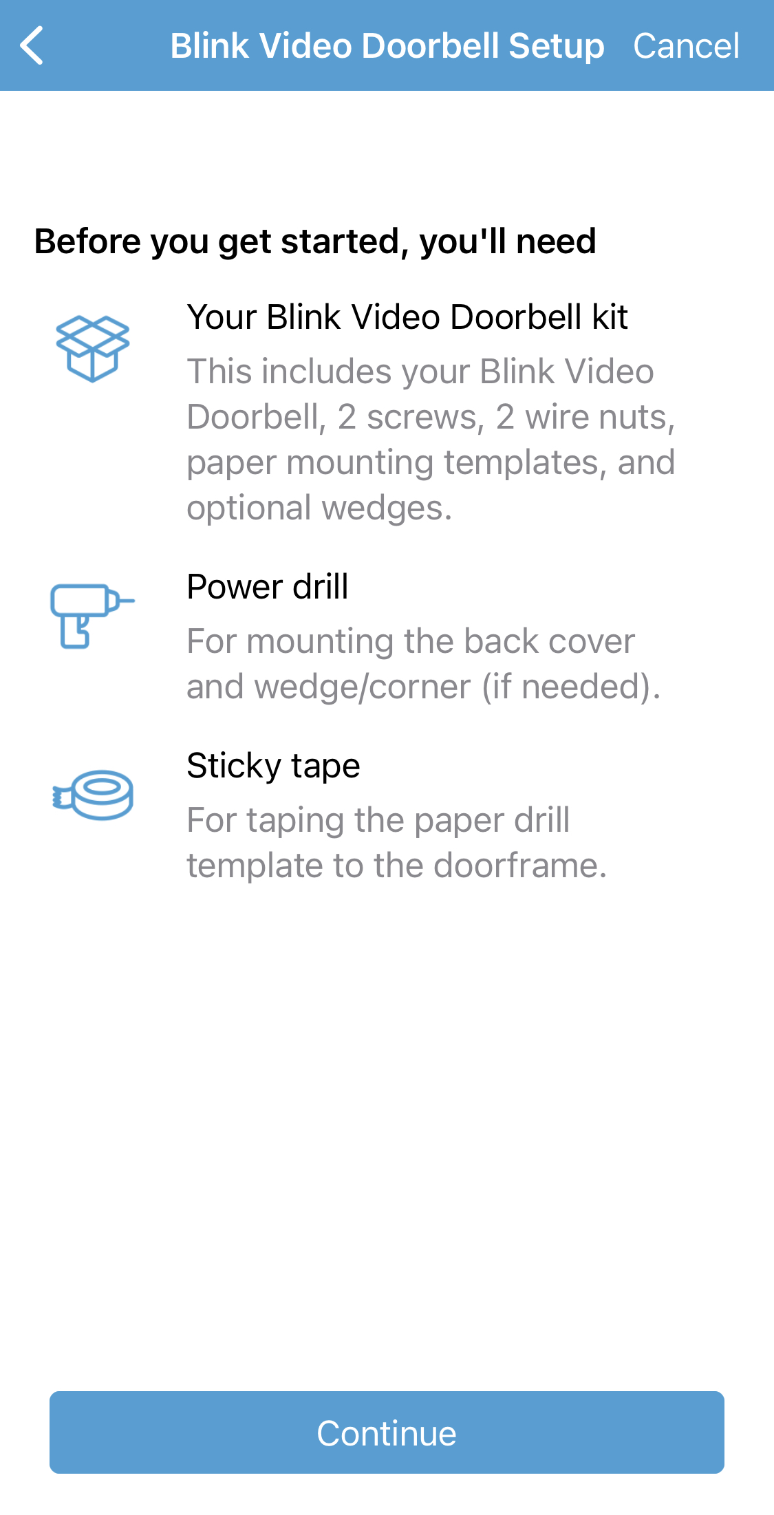 Blink Video Doorbell Setup Screen showing the kit a drill sticky tape for the template