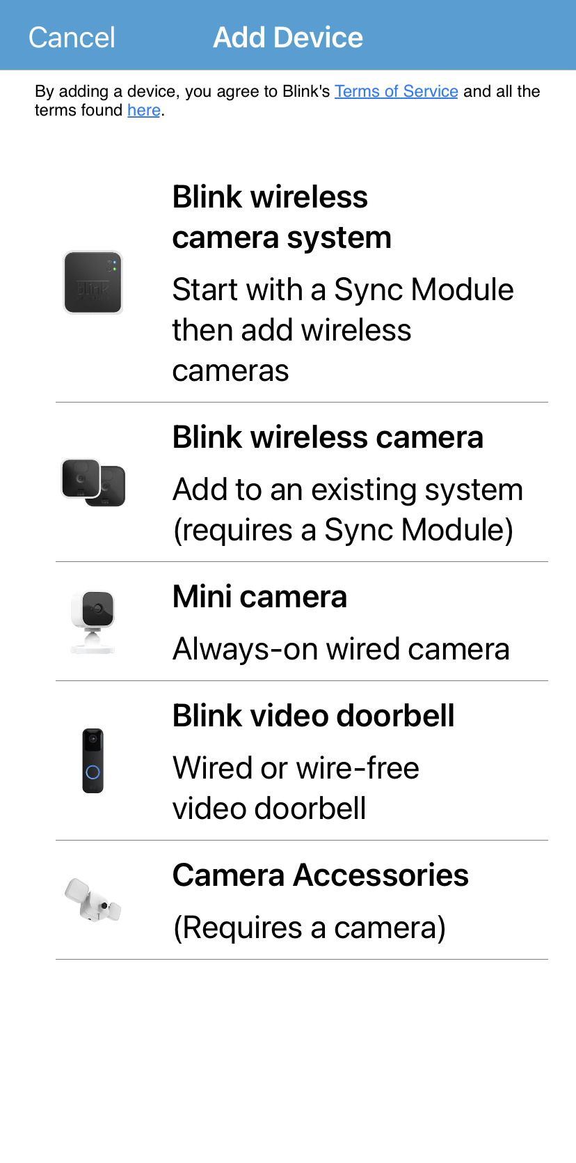 agregue la cámara y la pantalla del dispositivo de la aplicación Blink