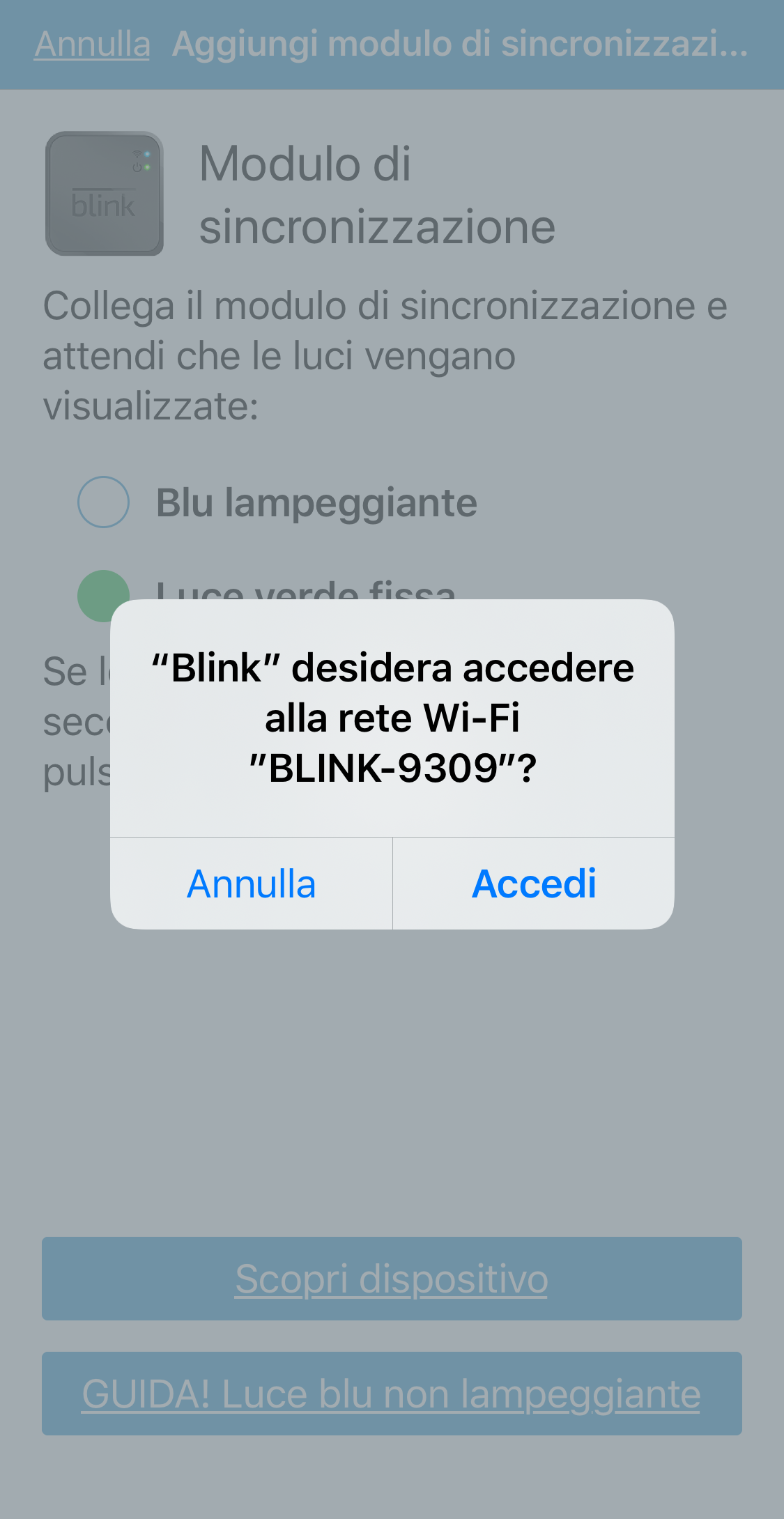 entra nella finestra di dialogo dell'app di rete Blink