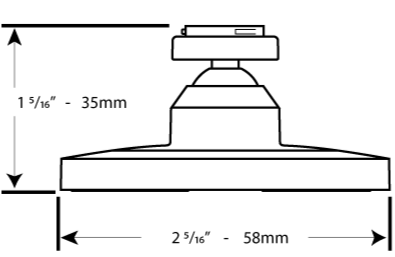 side view of the Camera Stand showing a base diameter of two and five sixteenths inches and a height of one and five sixteenths inches. In metric that's thirty five millimeters tall by fifty eight millimeters diameter at the base.