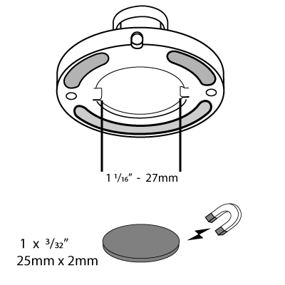La parte inferiore del supporto della fotocamera mostra l'apertura della rondella in acciaio e la dimensione del magnete di montaggio di un pollice per tre trenta secondi di pollice o venticinque millimetri per due millimetri.