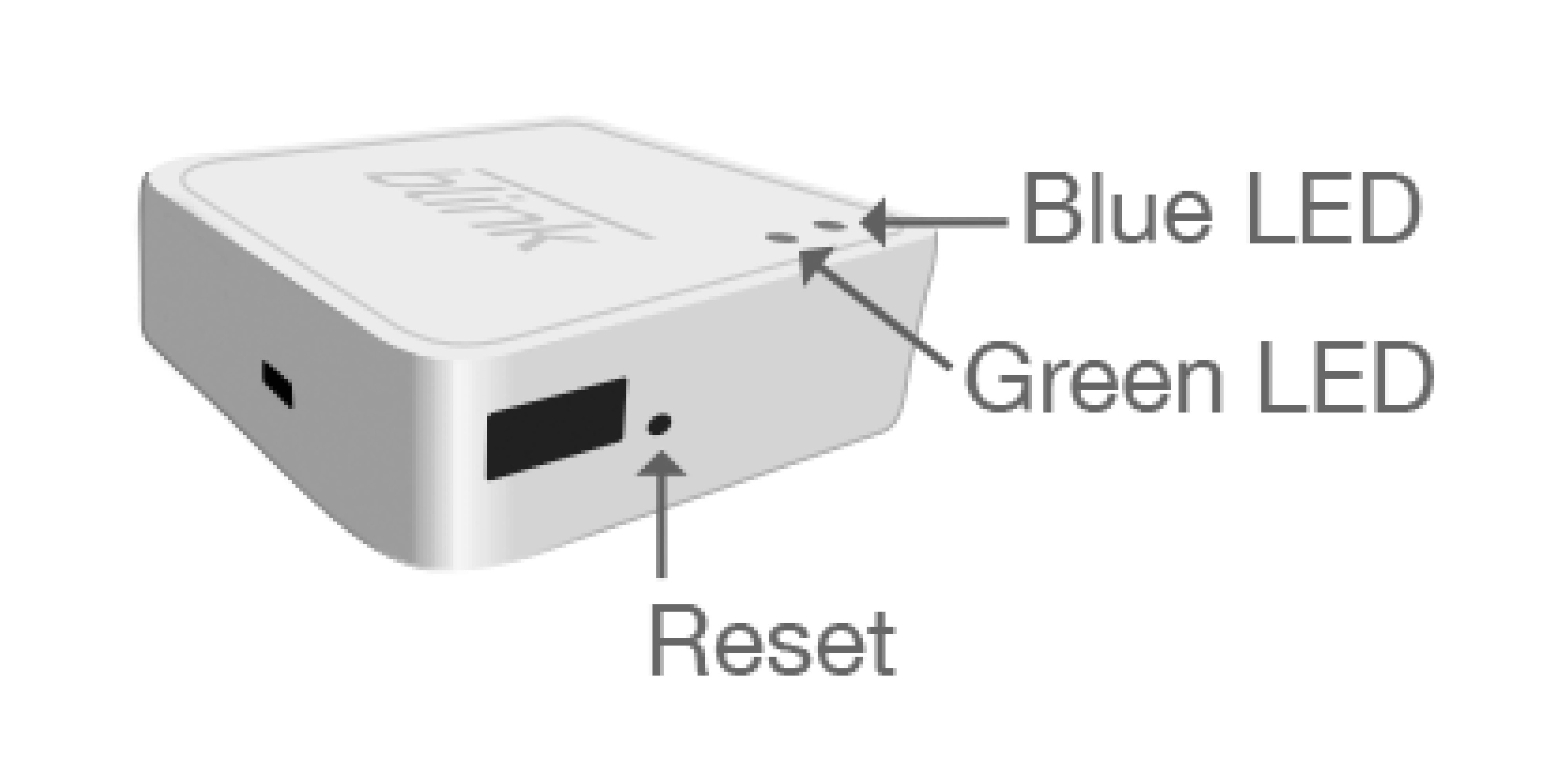 Bild, das das Sync-Modul (1. Generation) mit einer Reset-Taste neben dem USB-Anschluss zeigt.