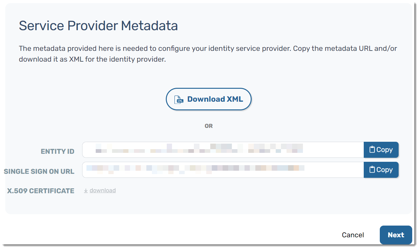 Screenshot: Service Provider Metadata to copy or download