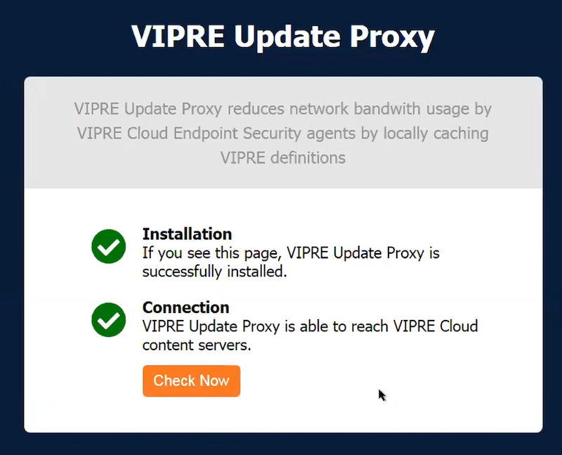 Screenshot: VIPRE Update Proxy check now for update