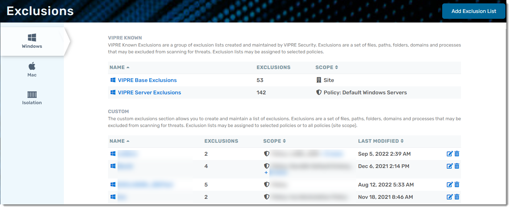Screenshot: VIPRE Known and Custom Exclusions