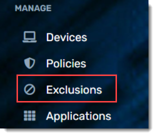 Screenshot: Exclusions under Manage menu