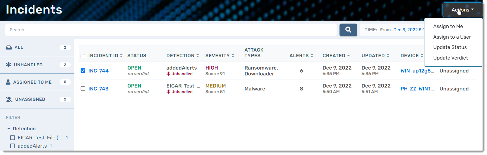 Screenshot: Incidents list and actions menu