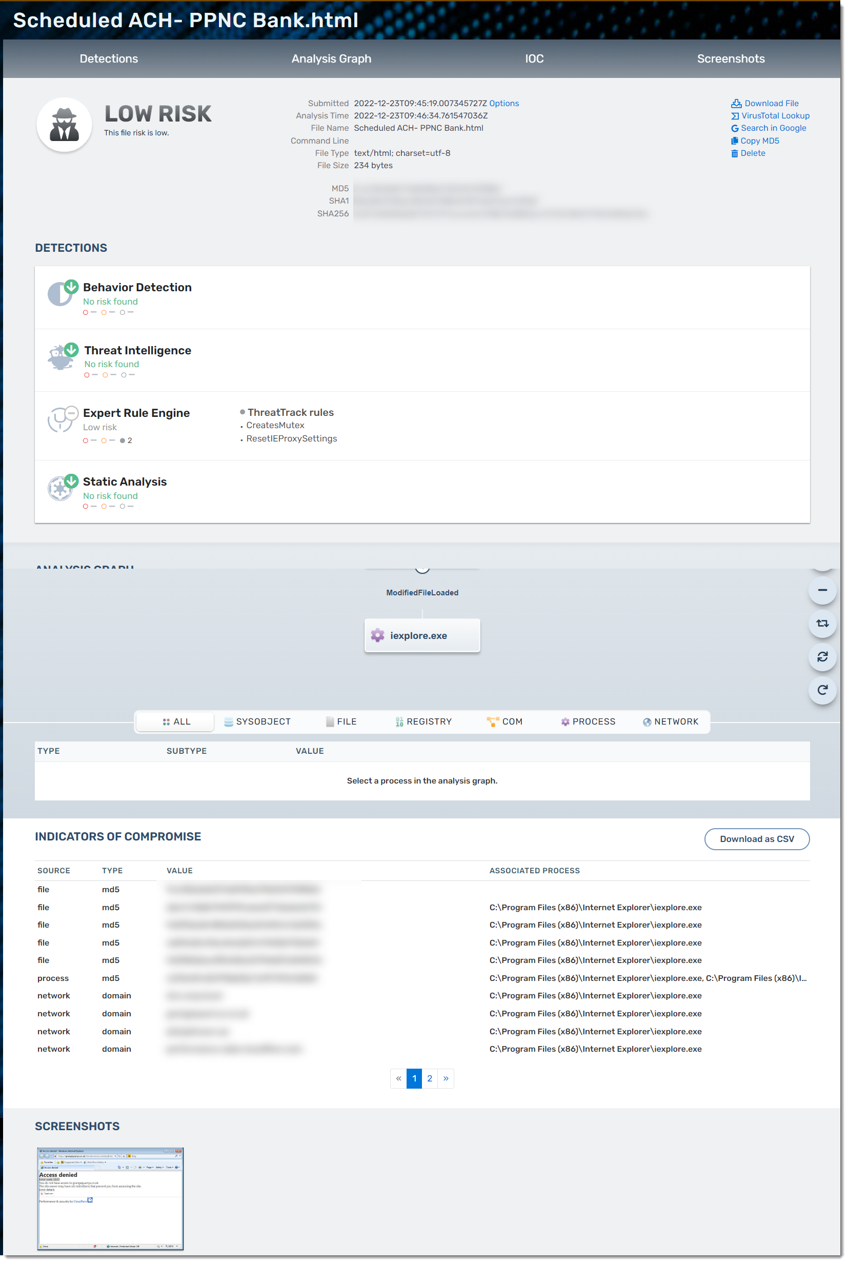 Screenshot: Analyzed File Details including risk level, available actions, threats, graph, and more.