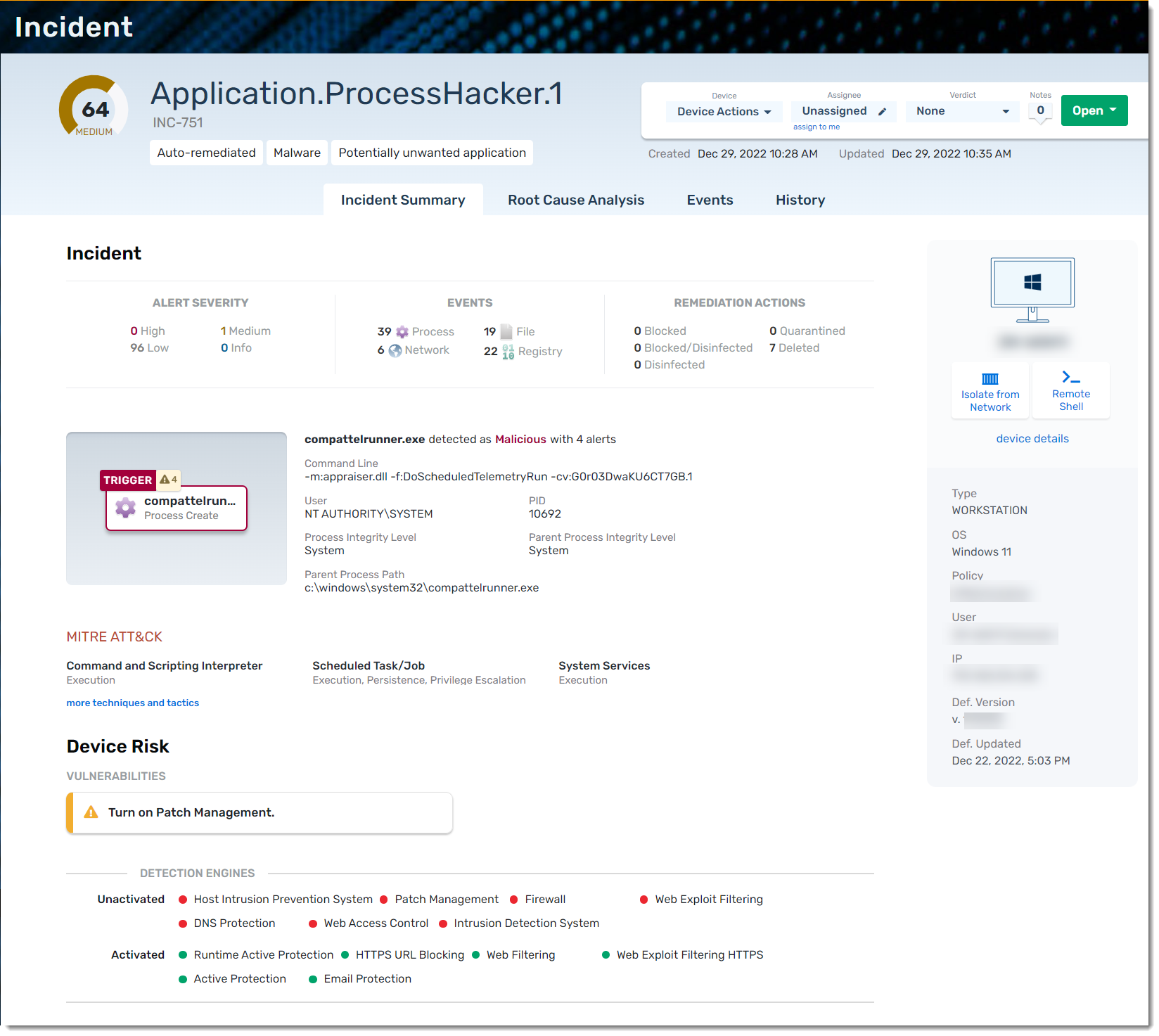 Screenshot: Incident details including Summary, Root Cause Analysis, Events,  and History