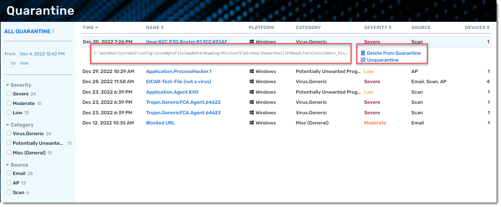 This image shows the location of the delete and un-quarantine options in the inline detail view.