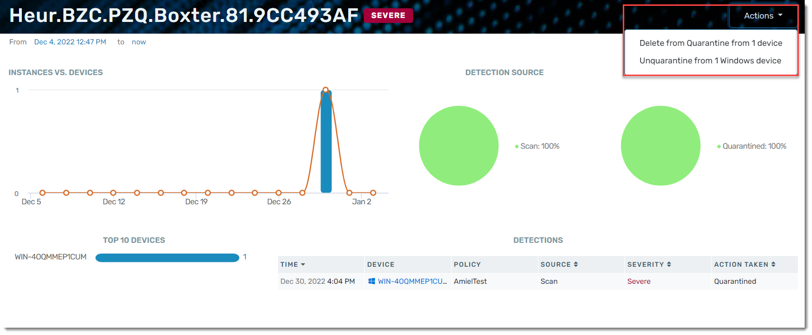 This image shows the delete and un-quarantine options are available above the threat detail data.