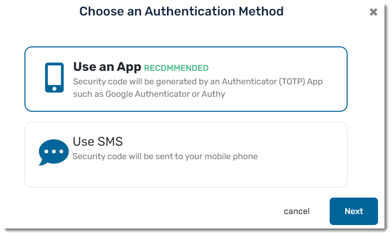 Screenshot: Showing Authentication methods including App or SMS
