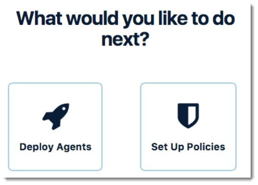 Screenshot: What would you like to do next? Deploy Agents or Set Up Policies?