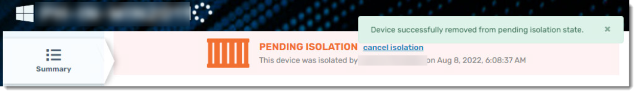Screenshot: shows a Pending Isolation status at the top of the Device Details screen