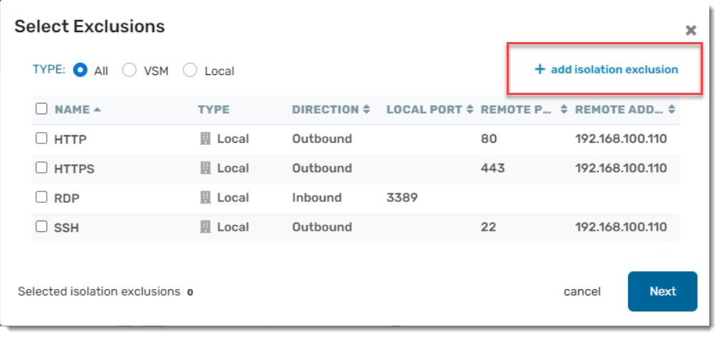 Screenshot: Highlighting the +Add Isolation Exclusion option