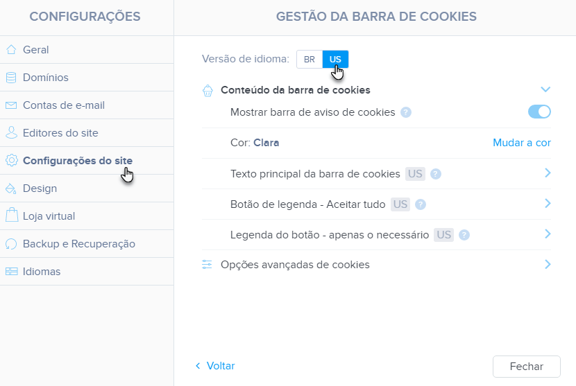 Alternar entre os idiomas para editar barra de cookies