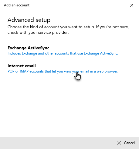 Email da Internet nas configurações Windows 10