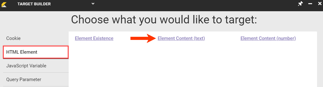 Callout of the HTML Element tab and the 'Element Content (text)' button