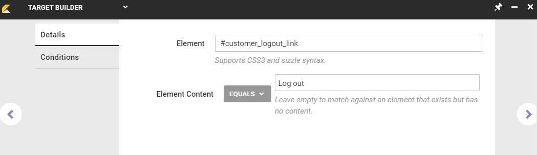 View of the Details tab, with 'Log out' in the Element Content field