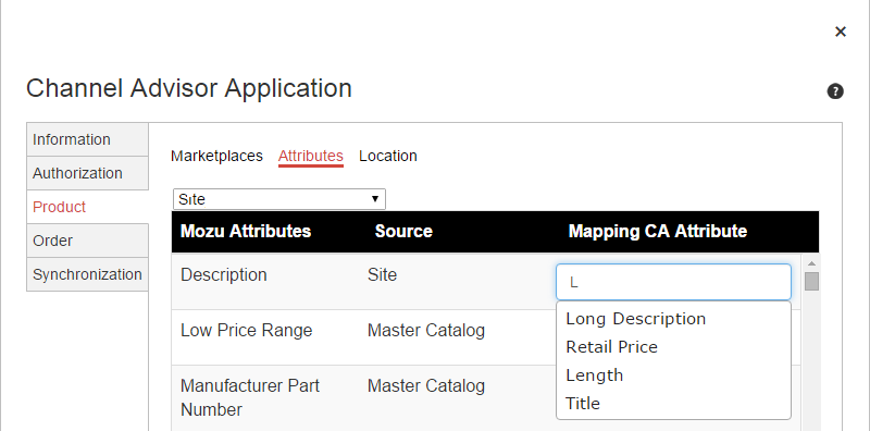 The Product tab of the application module