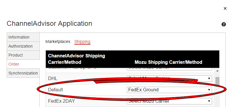 Callout of a FedEx Ground default carrier selection in the Order tab of the application module