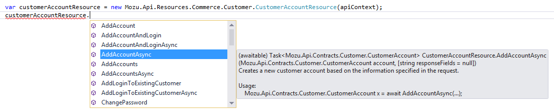 Example log of the customer account resource
