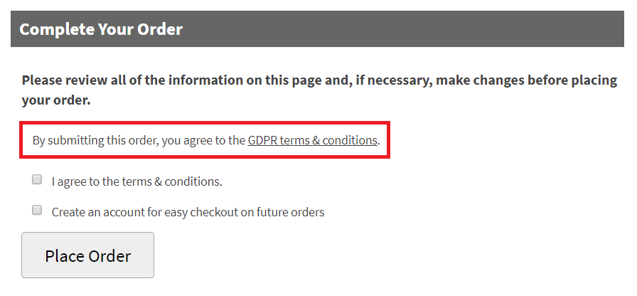 Callout of the GDPR agreement on the checkout