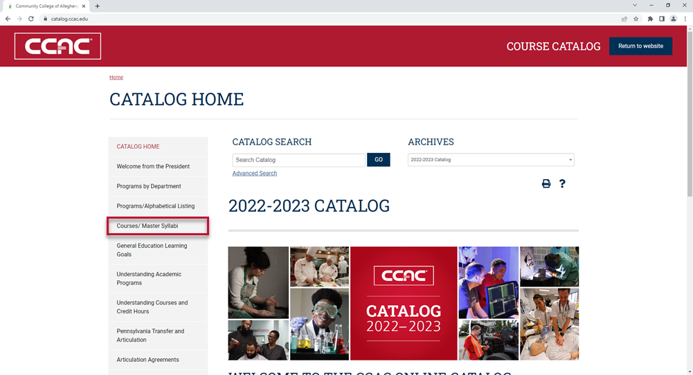 Locating the Courses/ Master Syllabi in the Course Catalog CCAC's