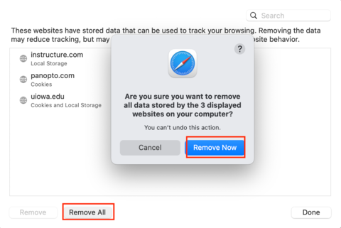 Prompt to Remove Now after selecting Remove All in Safari Privacy menu in macOS