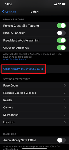 Safari menu in iOS Settings with blue Clear History and Website Data highlighted
