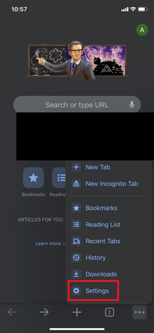 Settings highlighted in Google Chrome for iOS