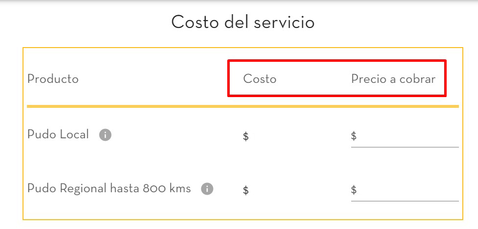 Sección Costo del servicio, donde se muestra el costo de Pudo y se puede configurar el precio que se le cobra a los clientes
