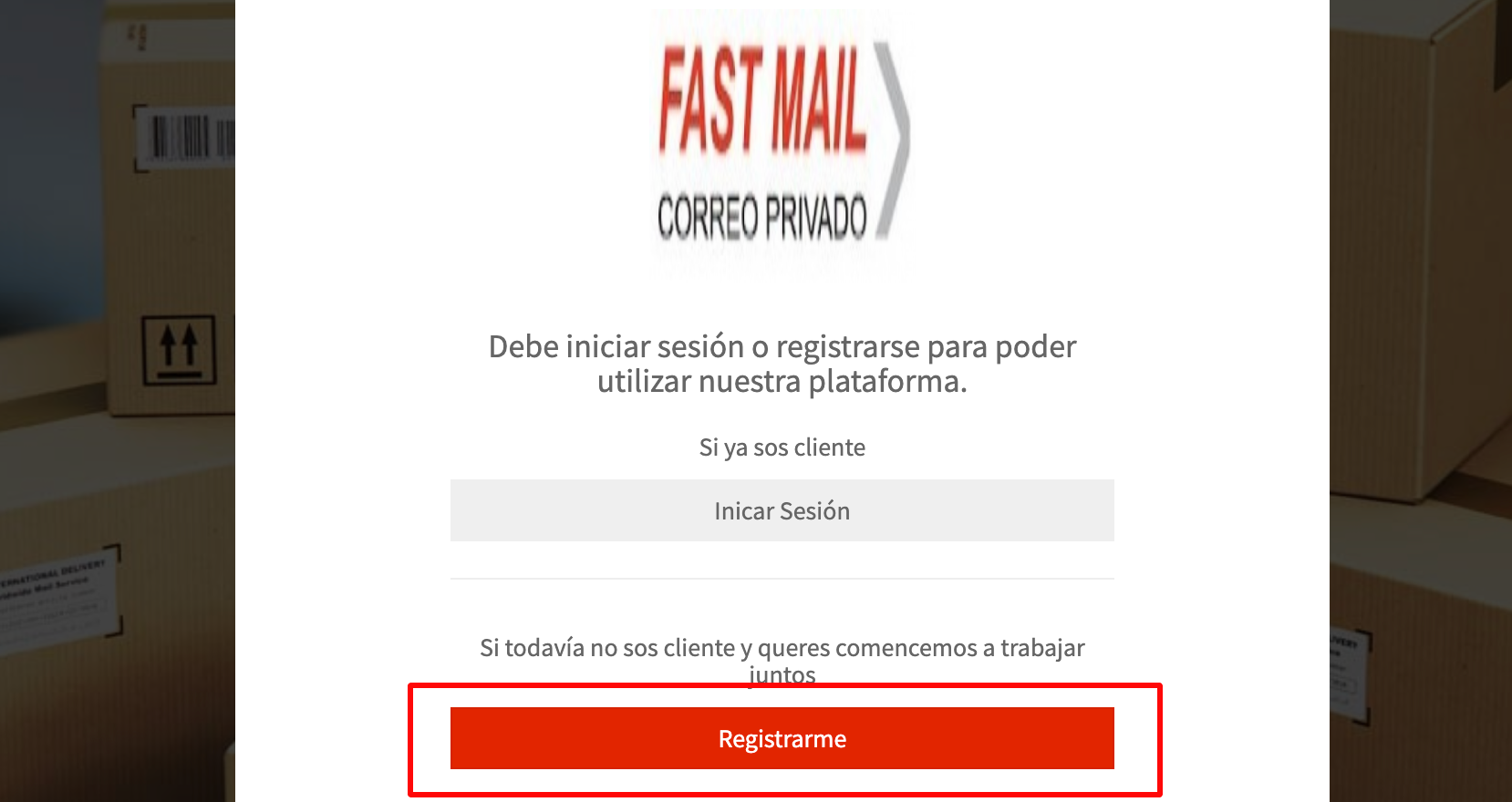 Página de Fast Mail con el botón Registrarme resaltado
