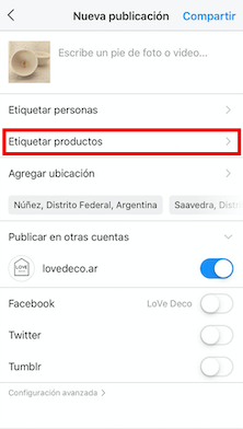Pantalla del celular en Nueva publicación con la opción de Etiquetar productos resaltada