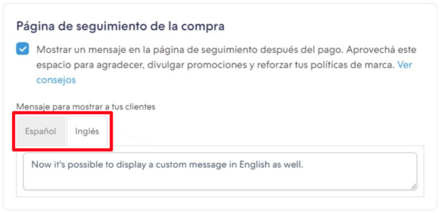 Misma sección mostrando dos pestañas para completar el mensaje en Español e Inglés