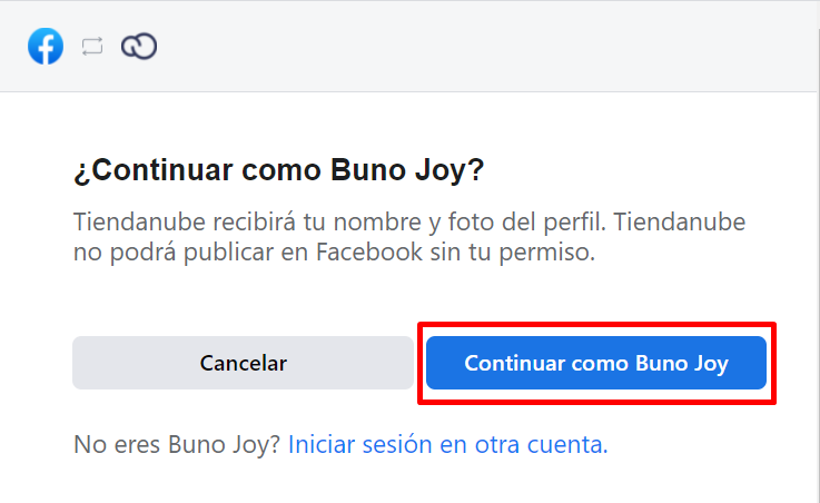 Mensaje mostrando la cuenta de Facebook con la sesión iniciada y el botón "Continuar como Buno Joy" (nombre de la cuenta de ejemplo) resaltado