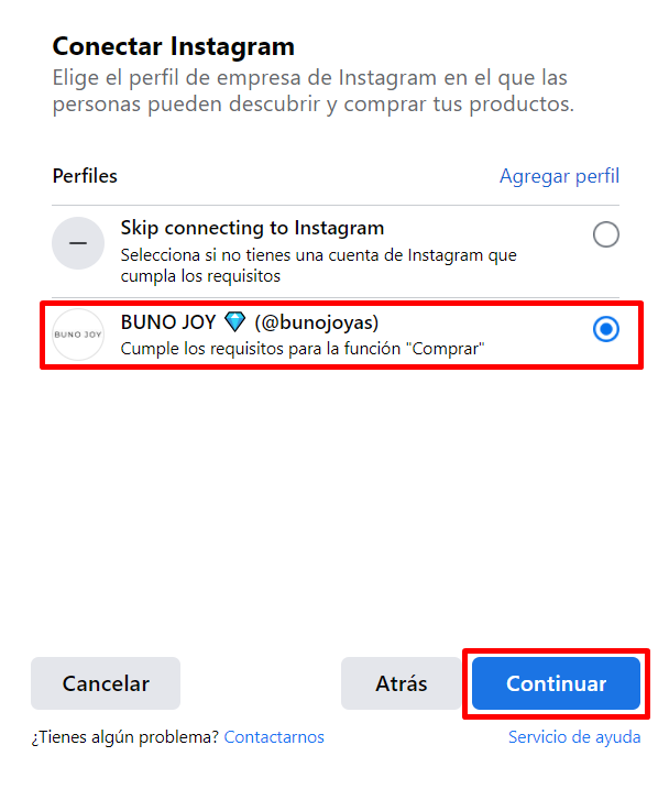 Cuenta de Instagram seleccionada, botón "Continuar" resaltado
