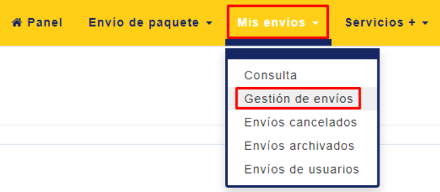 Página de Correo Argentino, mostrando la opción Mis envíos - Gestión de envíos resaltada en el menú