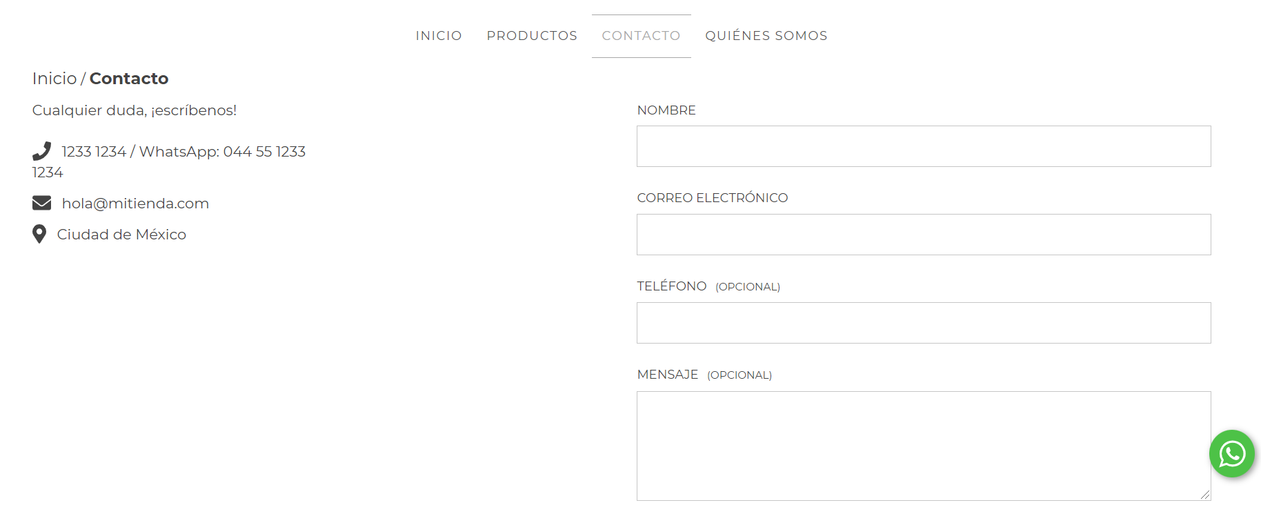 Página de contacto en la tienda, mostrando los datos de contacto que se configuraron en los pasos
