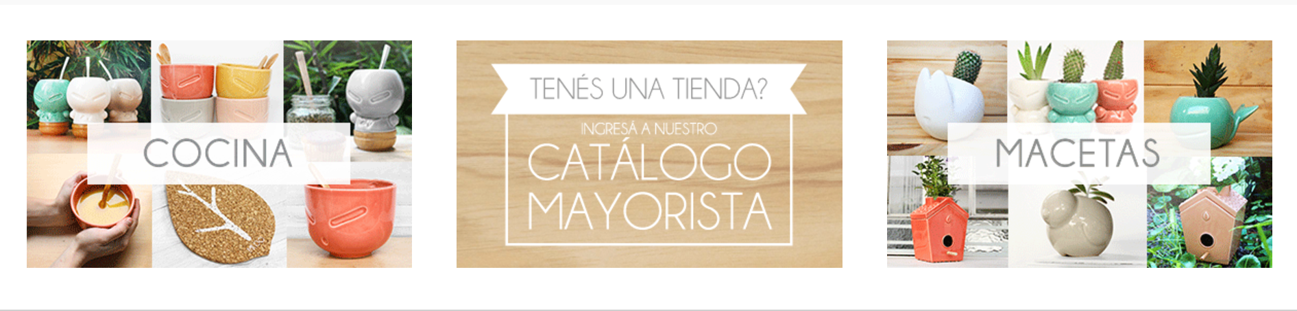 Banner horizontal con una imagen compuesta de tres secciones: "Cocina", "Catálogo mayorista" y "Macetas"
