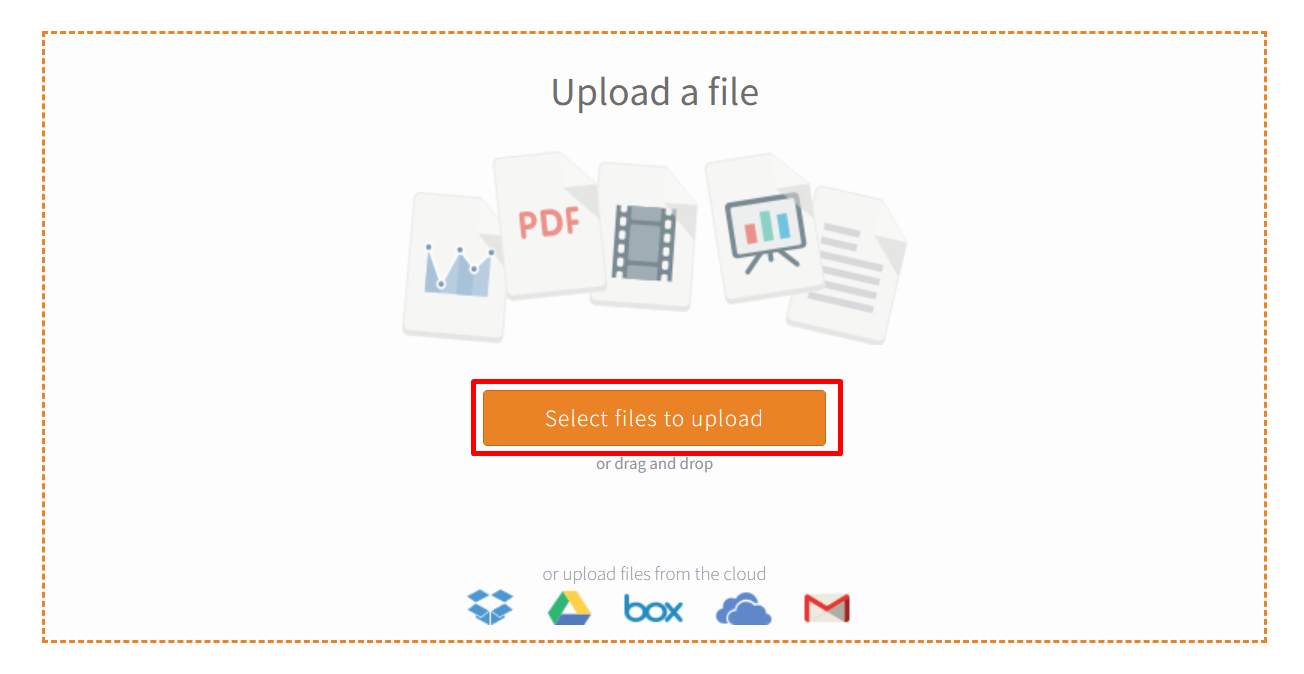 Pantalla para agregar archivos, con el botón "select files to upload" resaltado