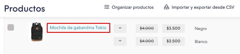 Producto "Mochila Tokio" en la sección Lista de productos con el nombre remarcado