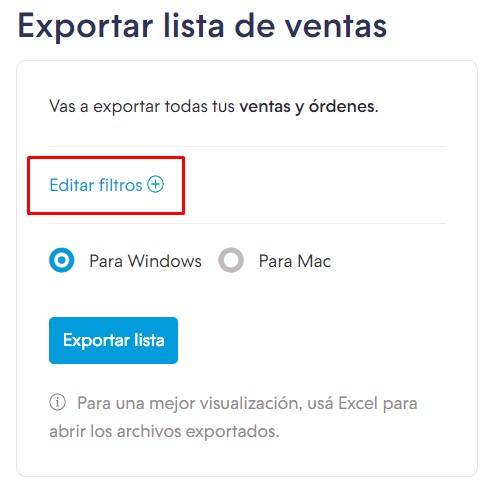 Pantalla exportar lista, con opción para "Editar filtros" resaltada